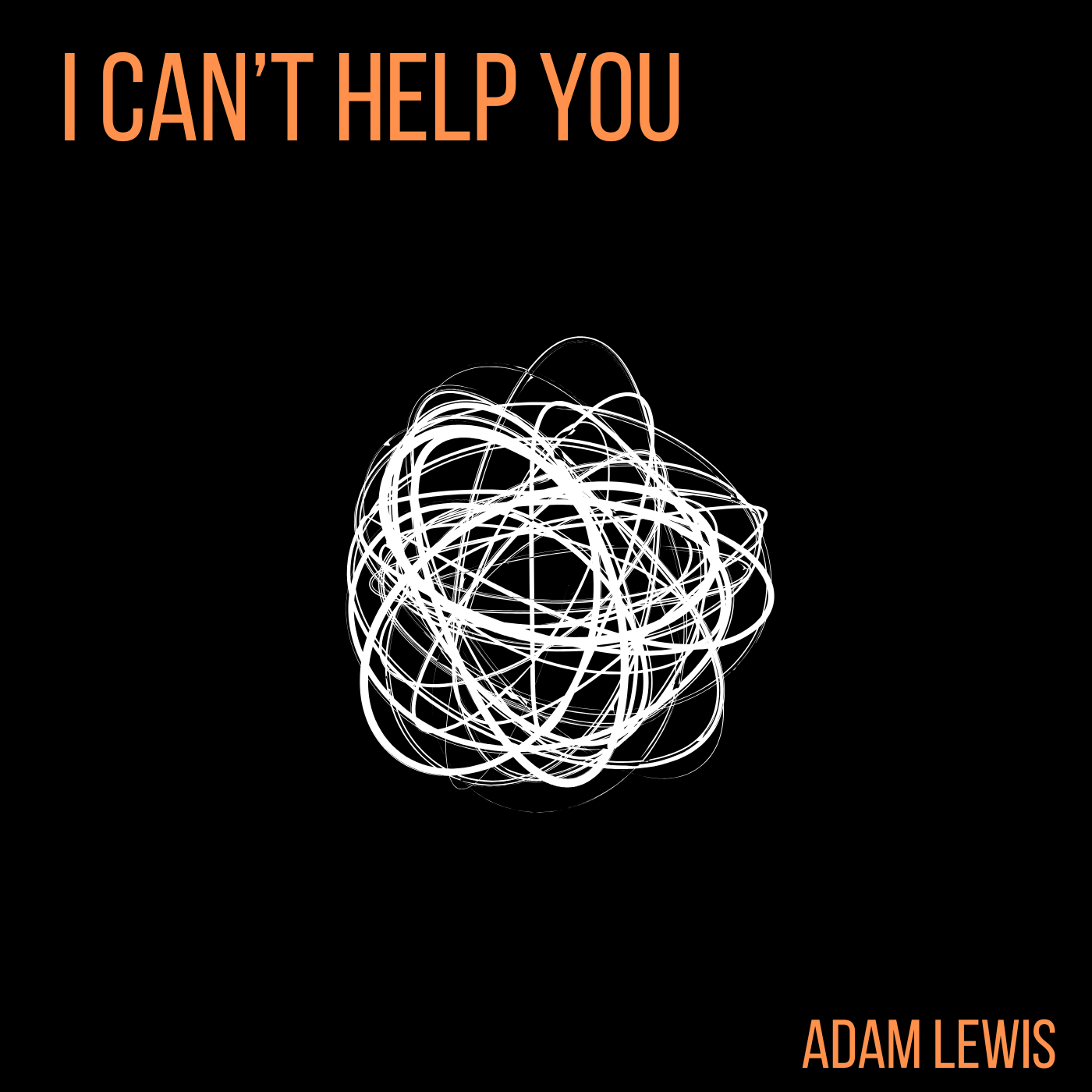 Album cover with white abstract design and text 'I Can't Help You' by Adam Lewis on a black background