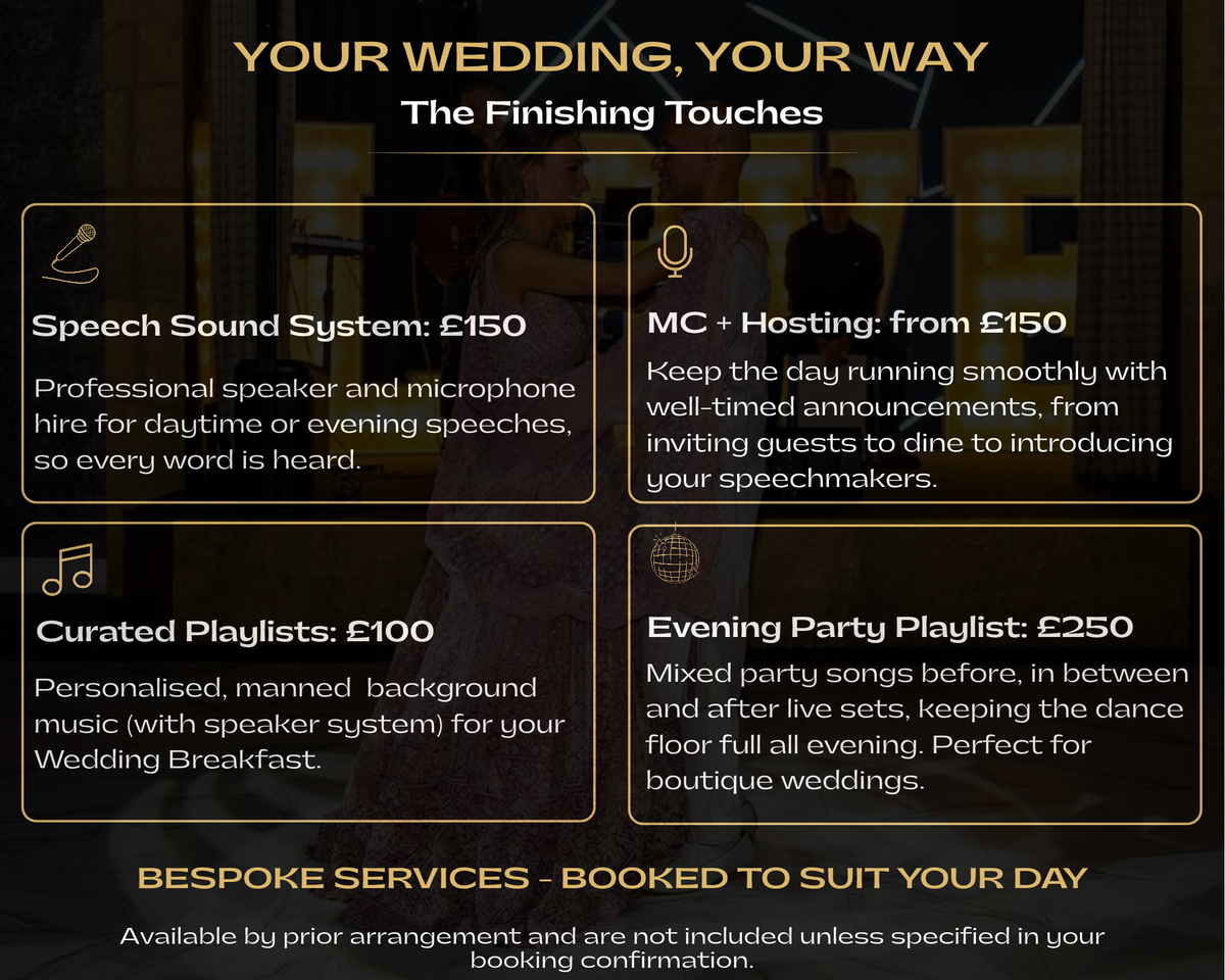 A promotional infographic for wedding event services by The Finishing Touches, featuring four service packages: Speech Sound System, MC + Hosting, Curated Playlists, and Evening Party Playlist, with prices and brief descriptions on a dark background.