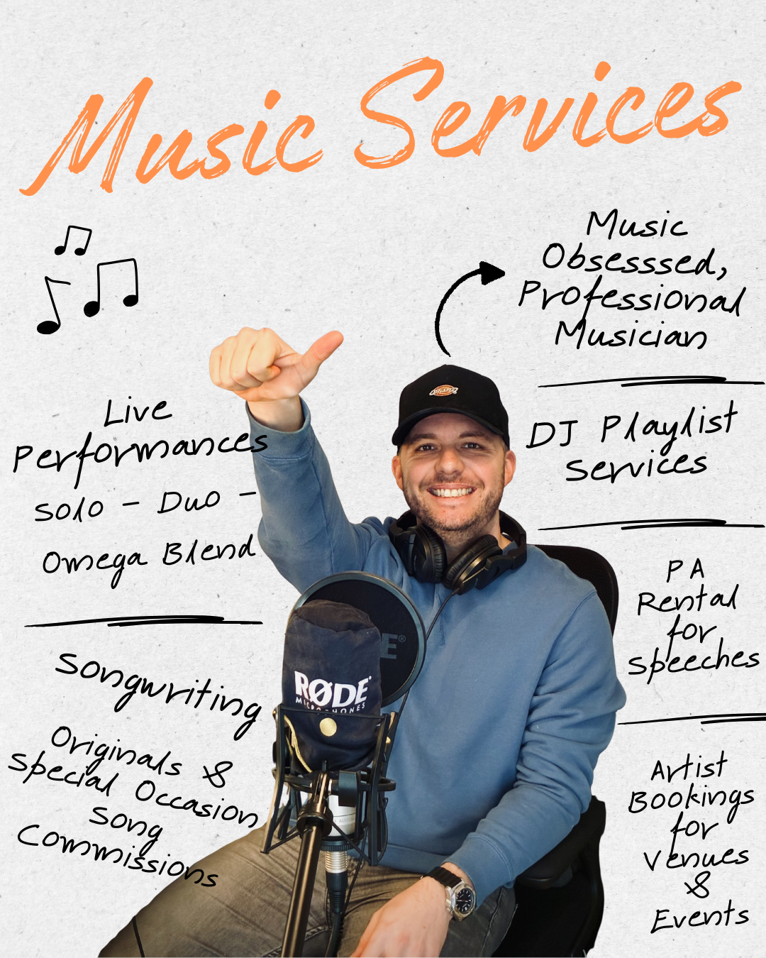 Person with a microphone and headphones in front of a whiteboard with music services listed