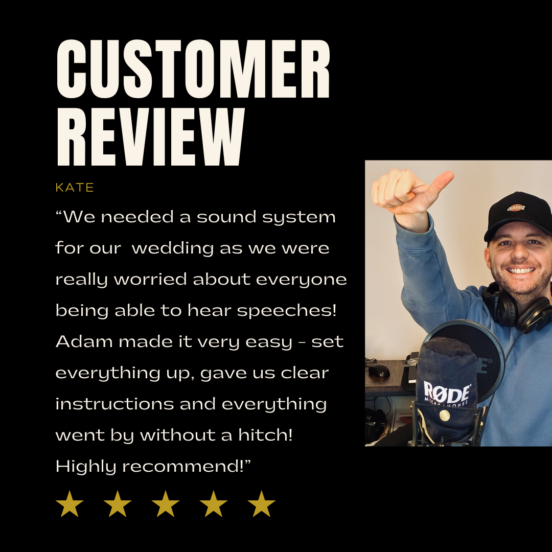 Customer review with a person pointing and smiling, set against a black background.